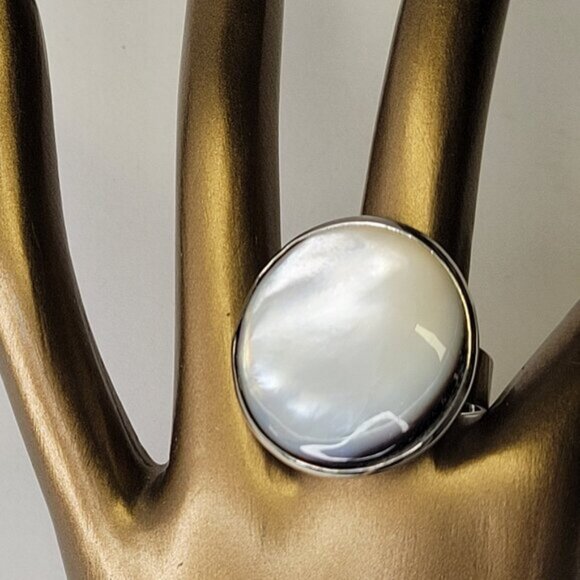 Natural Mother of Pearl Ring, Handmade Ring with Adjustable Band - Picture 3 of 15
